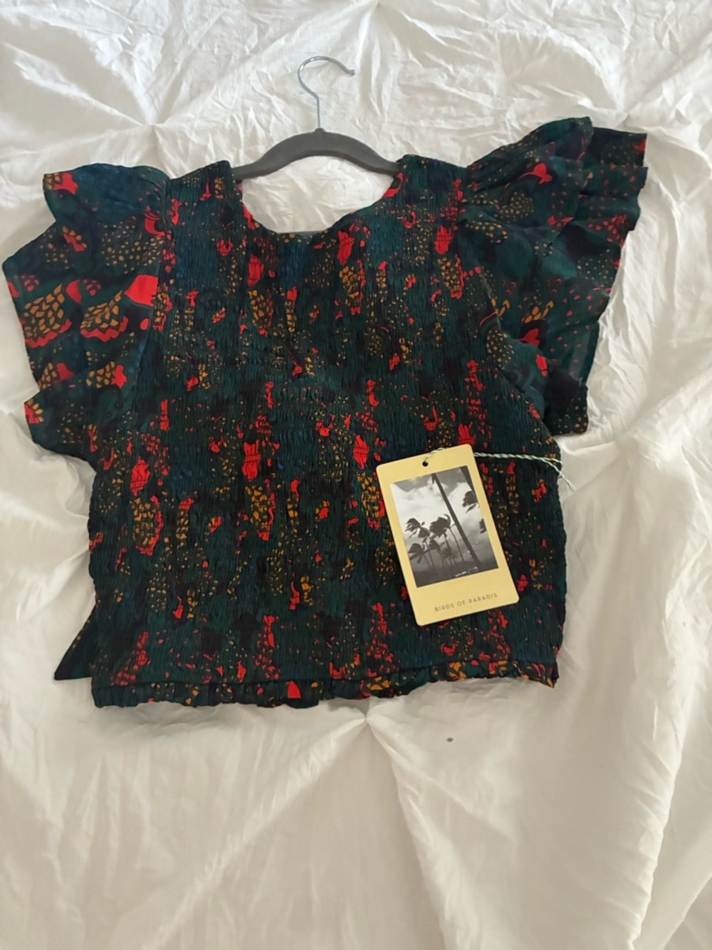 Green Floral Smocked Flutter Sleeve Top